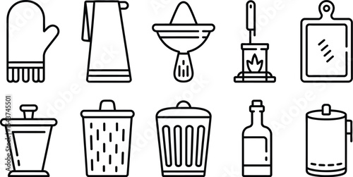 Line art depiction of kitchen and household items in a neat arrangement