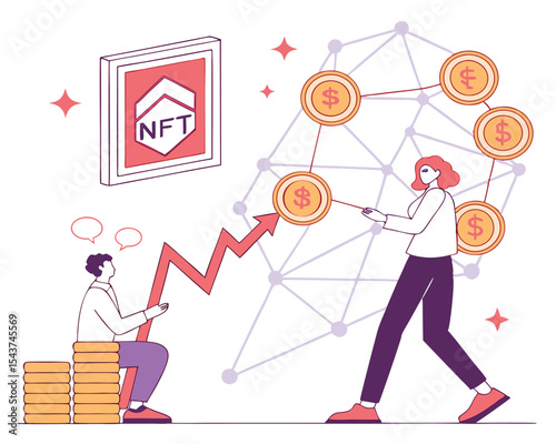 People analyzing nft growth with coins and network connections in a modern illustrative style art