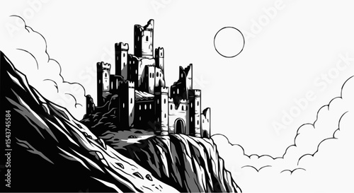 A ruined castle with crumbling towers, perched on a steep cliffside.