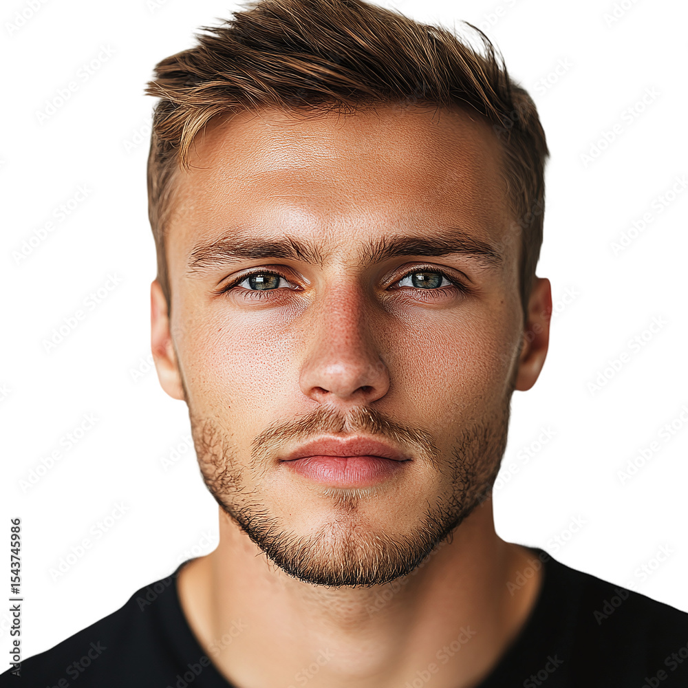 Obraz premium Studio close-up portrait of young handsome man with calm facial emotion, looking straight ahead. isolated on transparent background.