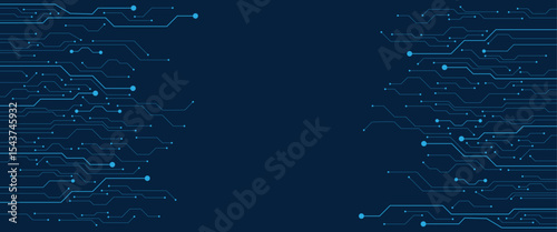 Technology quantum blue portal on motherboard with thin line glowing wires. Tech background. Ai chip concept. Abstract square frame HUD. Computer digital template. Vector illustration