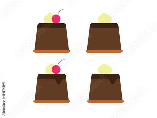 ホイップクリームが乗ったチョコレートプリンのアイコンのイラストのセット