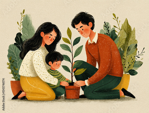 Mom, dad and child planting tree together, sustainable concept