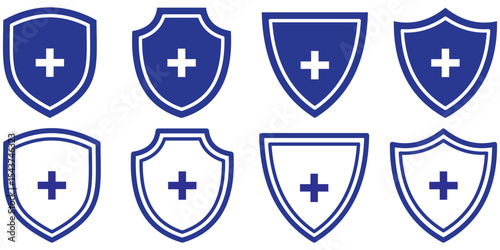 Set of shield icons with medical cross for protection concept. Antivirus icon. Simple flat and Line Art Shield with Plus Sign Icon in Black for Medical and Security Applications. 
