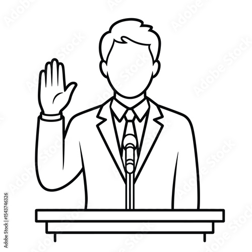 Man in suit taking oath at podium with microphone
