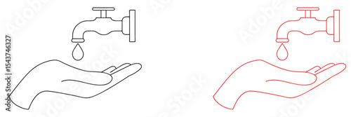 Hand Under Tap with Water Drop - Line Art Illustration icon on a white background