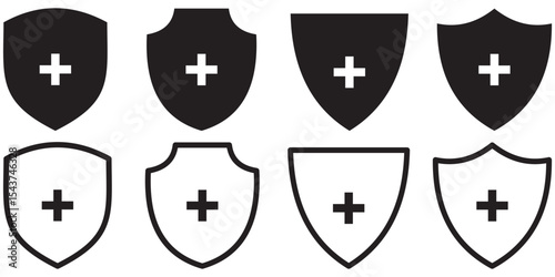 Set of shield icons with medical cross for protection concept. Antivirus icon. Simple flat and Line Art Shield with Plus Sign Icon in Black for Medical and Security Applications. 
