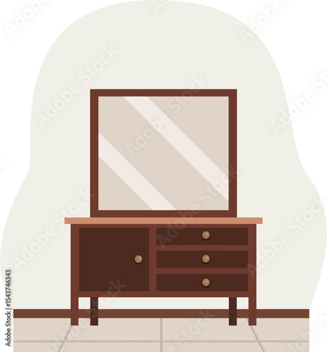 Vanity with Mirror: A dark brown vanity with a mirror and four drawers sits against a subtle cream wall in a simple room. The illustration offers a calm and clean aesthetic.