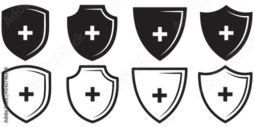 Set of shield icons with medical cross for protection concept. Antivirus icon. Simple flat and Line Art Shield with Plus Sign Icon in Black for Medical and Security Applications. 
