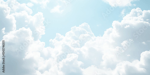 Sky background with soft blue, white clouds. Sky filled with fluffy, white clouds against a soft blue background, Copy space summer blue sky and white cloud abstract background,