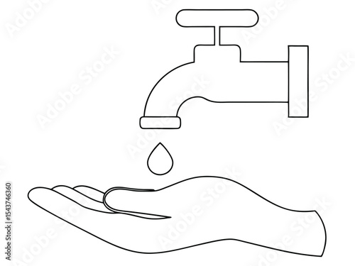 Hand Under Tap with Water Drop - Line Art Illustration icon on a white background