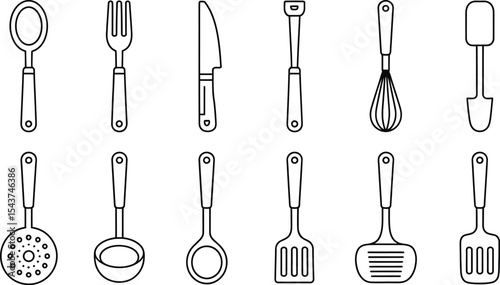 A set of simple line drawings of various kitchen utensils on a white background