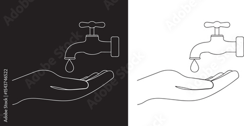 Hand Under Tap with Water Drop - Line Art Illustration icon on a white background