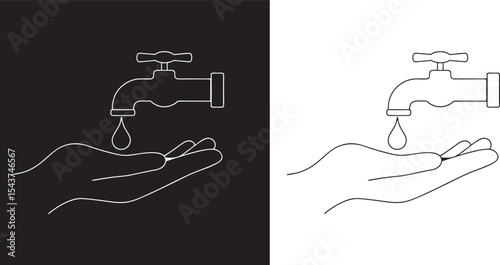 Hand Under Tap with Water Drop - Line Art Illustration icon on a white background