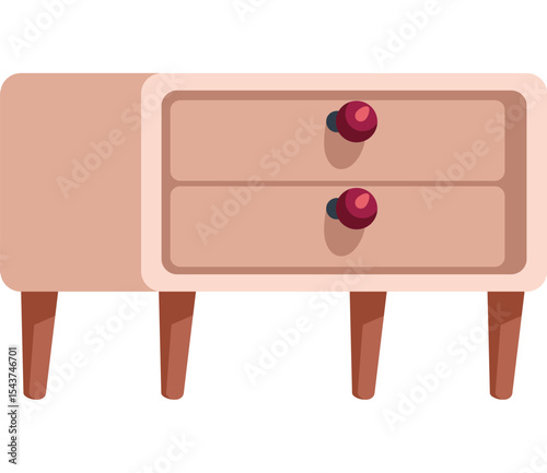 Minimalist Bedside Table Illustration: A stylish, minimalist bedside table illustration with two drawers and elegant, dark red knob handles. The piece is crafted with clean lines.