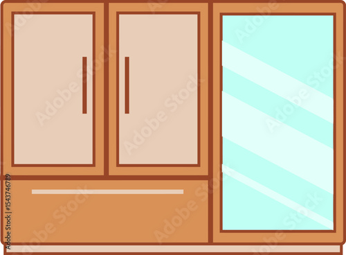 Wooden wardrobe with a mirror: A simple illustration of a wooden wardrobe with a mirror, showcasing a combination of storage and reflection in a clean, minimalist design.
