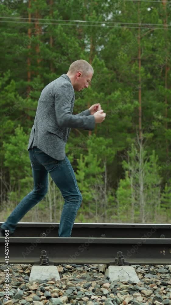 A man wearing a grey suit jacket and blue jeans practicing taekwondo along railway tracks in a forested area, with greenery and electric poles in the background A man wearing a grey suit jacket and blue jeans practicing taekwondo along railway tracks in a forested area, with greenery and electric poles in the background