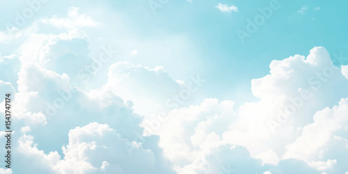 Sky background with soft blue, white clouds. Sky filled with fluffy, white clouds against a soft blue background, Copy space summer blue sky and white cloud abstract background,