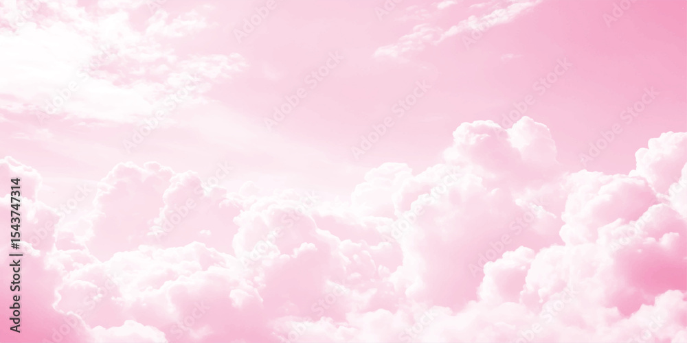 Fototapeta premium Aerial view of pink sky with fluffy clouds. Pink sky with white clouds. Pink sky with white clouds Valentine's day sweet dream background. 
