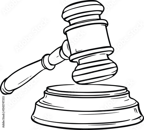 Black-and-White Vector Illustration of a Judge’s Gavel and Sound Block – Symbol of Justice and Law Enforcement