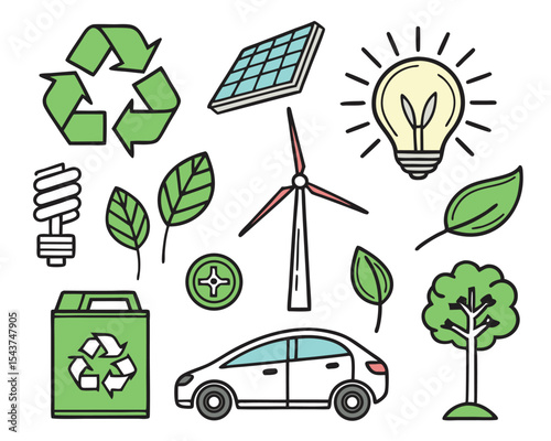Illustration showing renewable energy sources and environmental conservation elements present clearly displayed