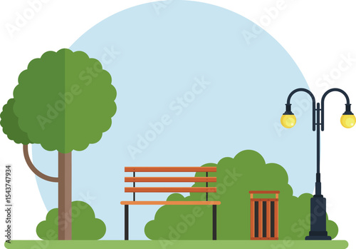 Park Bench Tranquility: An illustration presents a serene park scene, featuring a wooden bench, a lush tree, and a vintage lamppost under a serene, light-blue sky.