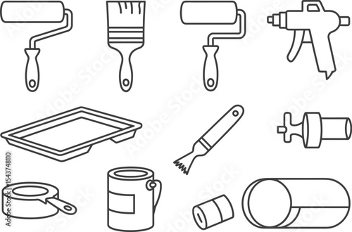 Outlined painting tools including rollers brushes spray gun and paint can