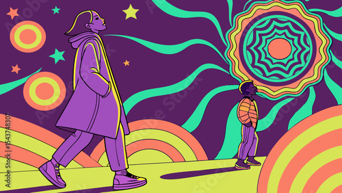 Abstract colorful background illustration featuring a dancing couple at a fun disco party
