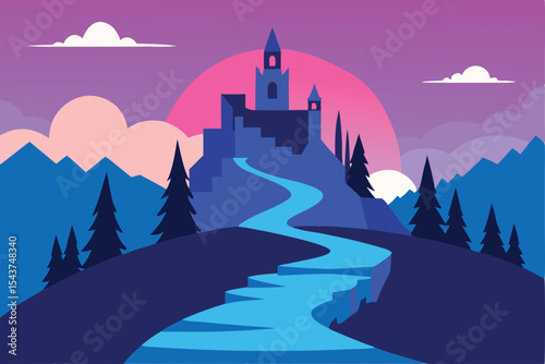 Enchanted Castle Landscape A Serene Sunset View
