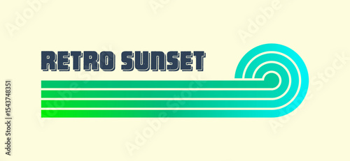 Vintage colorful sunset. Various gradient striped sunrise badges in 80s and 90s style. Sun and ocean view, summer vibes, surfing. Design element for print, logo or t-shirt. Vector illustration