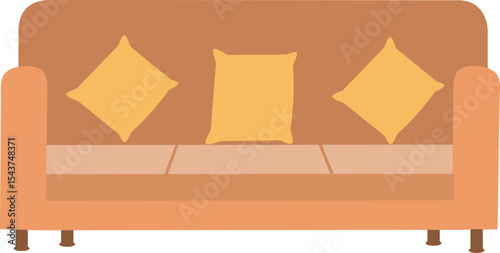 Cozy Sofa with Yellow Cushions: A comfortable, three-seater sofa in a warm terracotta hue is adorned with three soft, mustard-yellow cushions, offering a cozy and inviting atmosphere. 