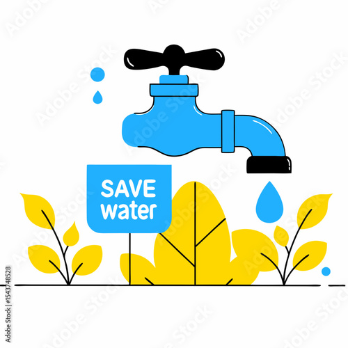 Water conservation icon with tap and leaves