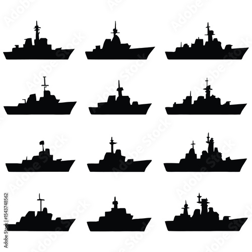 Twelve warship silhouettes collection isolated on white background
