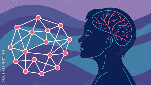 Illustration of a person's head with brain connections and a network diagram on a wavy background art