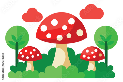Vibrant Red and White Mushrooms in a Lush Green Forest Illustration