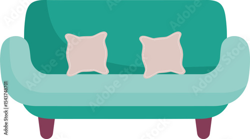 Cozy Couch Illustration: A vibrant teal couch with soft pillows. Representing relaxation and comfort. This digital artwork perfect for your interior design.