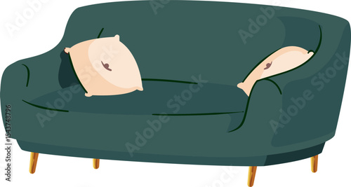 Couch Comfort: a stylish, modern couch with soft pillows exudes comfort and sophistication. Ideal for relaxation and home decor, this inviting piece is captured in a beautiful illustration.