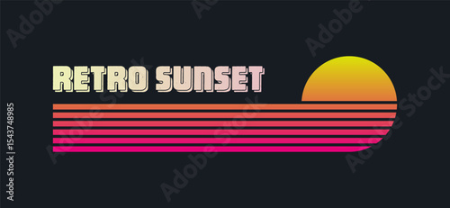 Vintage colorful sunset. Various gradient striped sunrise badges in 80s and 90s style. Sun and ocean view, summer vibes, surfing. Design element for print, logo or t-shirt. Vector illustration