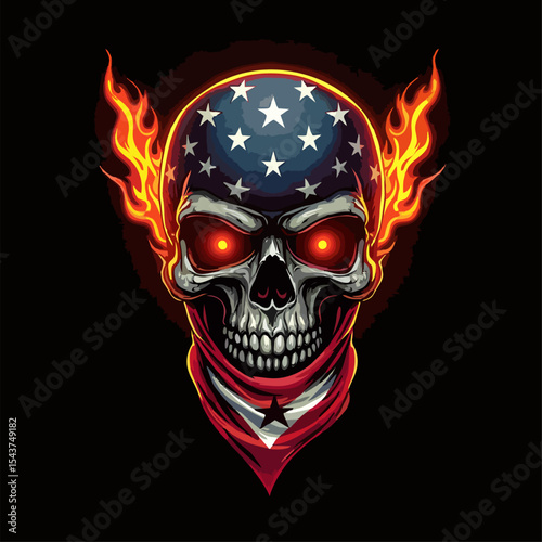 Biker vector t-shirt design with fire human skull
with usa flag bandana, flame on black
background.
Fashionable print for fabric, paper, men clothing,
hoodie, jacket. T shirt template.