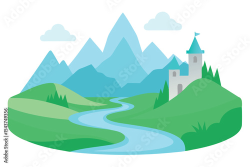 Serene Mountain Landscape with Castle and River A Picturesque Illustration