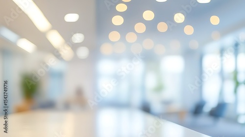 Abstract defocused background of a bright and spacious contemporary office interior with a beautiful bokeh light effect, a concept for modern business