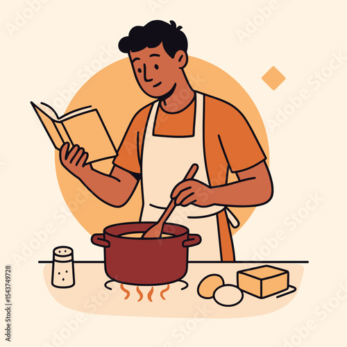 Flat modern vector illustration of a young man cooking soup at home, focused on recipe book and creativity in a cozy kitchen scene