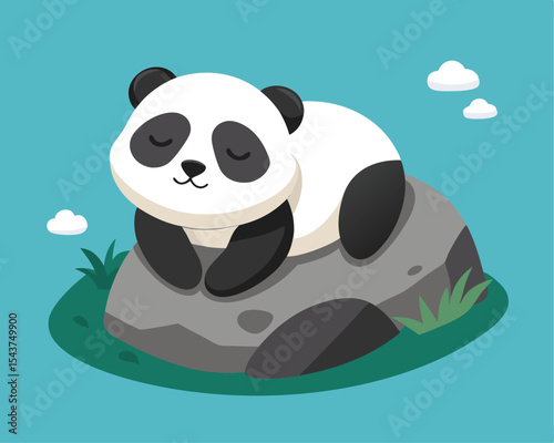 Adorable giant panda bear sleeping on rock