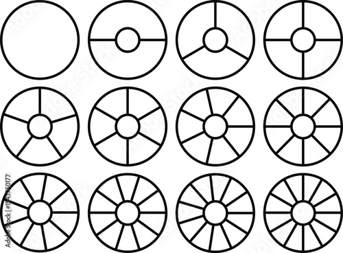 Circle division 1, 2, 3, 4, 5, 6, 7, 8, 9, 10, 11, 12 equal parts blank. Circle divided diagrams, sections, segments. Circle pie chart infographic wheel segment fraction. Infographic icons set vector