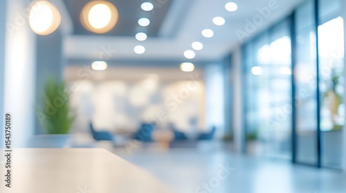 Abstract blurred background of a modern and bright office interior with bokeh lights, featuring a clean workspace environment suitable for copy space