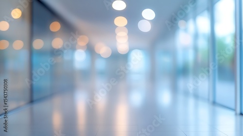 Abstract blurred background of a modern office building corridor with bokeh lights reflecting on the shiny floor