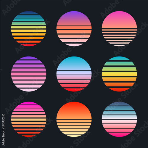 Vintage colorful sunset. Striped gradient sunrise badges in 80s and 90s style. Sun and ocean view, summer vibes, surfing. Design element for print, logo or t-shirt. Vector illustration