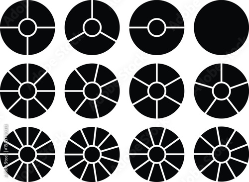 Circle division 1, 2, 3, 4, 5, 6, 7, 8, 9, 10, 11, 12 equal parts blank. Circle divided diagrams, sections, segments. Circle pie chart infographic wheel segment fraction. Infographic icons set vector