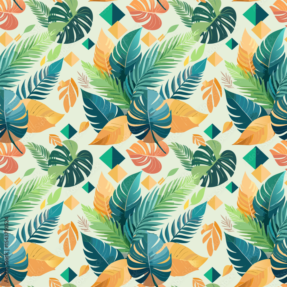 Fototapeta premium seamless vector pattern abstract palm leaves and tropical foliage intertwined with geometric shapes and soft gradients, boho. aesthetic