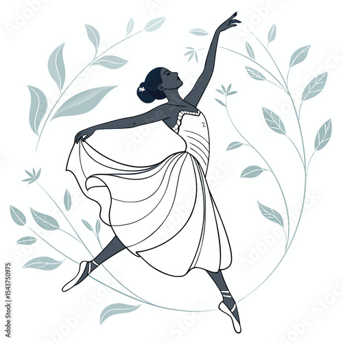Elegant ballerina in a flowing dress dancing amidst delicate floral branches in a graceful pose